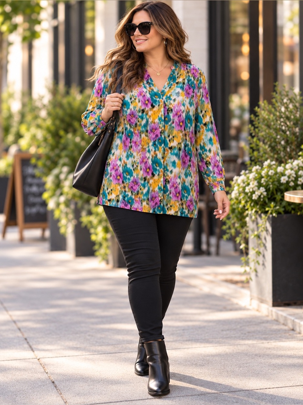 NWT Investments Woman Plus Abstract Floral Chiffon Blouse Button Front Blouse 2X